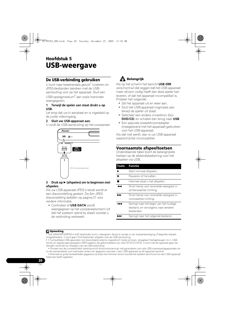 05 usb-weergave, De usb-verbinding gebruiken, Voornaamste afspeeltoetsen | Usb-weergave, Hoofdstuk 5 | Pioneer DCS-360 User Manual | Page 20 / 128