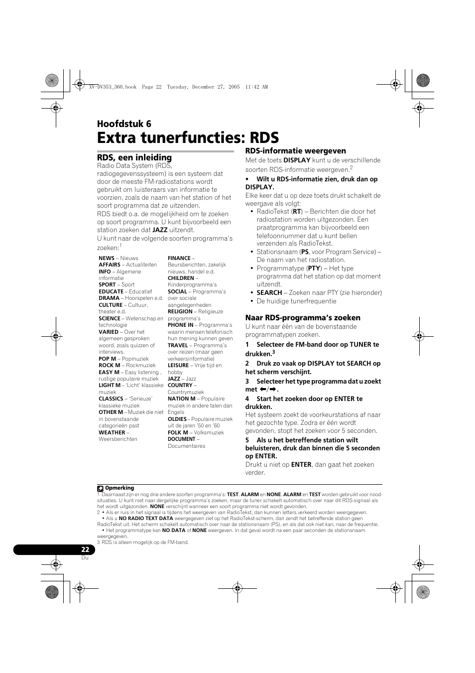 06 extra tunerfuncties: rds, Rds, een inleiding, Rds-informatie weergeven | Naar rds-programma’s zoeken, Extra tunerfuncties: rds, Hoofdstuk 6 | Pioneer DCS-360 User Manual | Page 22 / 128