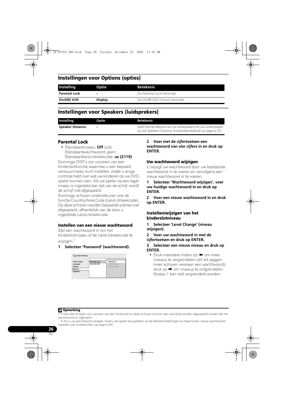 Instellingen voor options (opties), Instellingen voor speakers (luidsprekers), Parental lock | Pioneer DCS-360 User Manual | Page 26 / 128