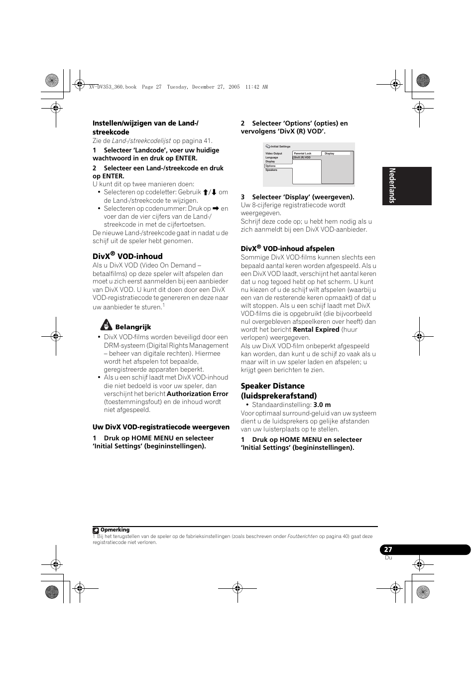 Divx® vod-inhoud, Speaker distance (luidsprekerafstand), Nederlands italiano español | Pioneer DCS-360 User Manual | Page 27 / 128