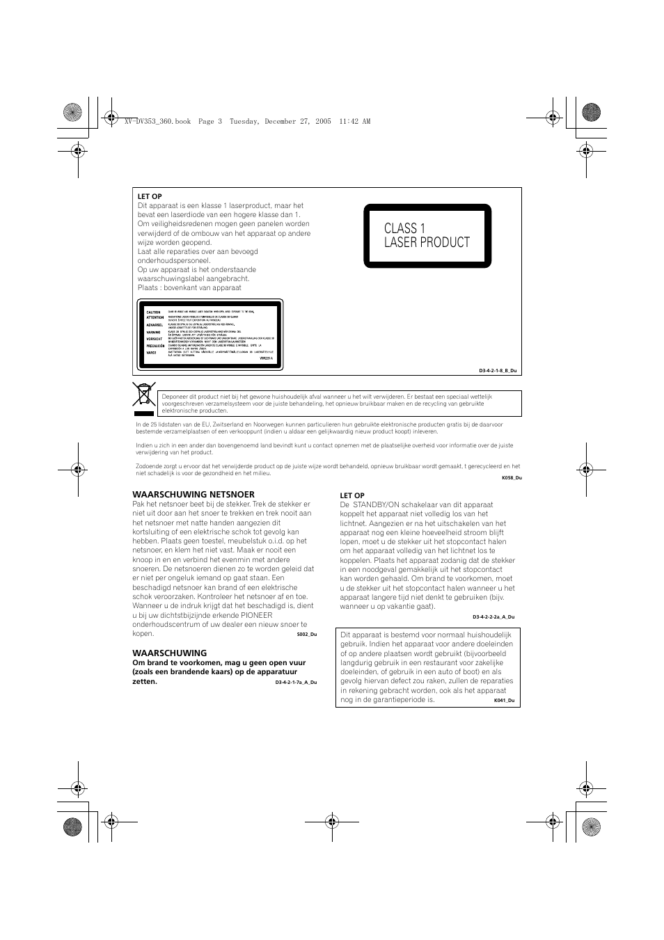 Class 1 laser product | Pioneer DCS-360 User Manual | Page 3 / 128