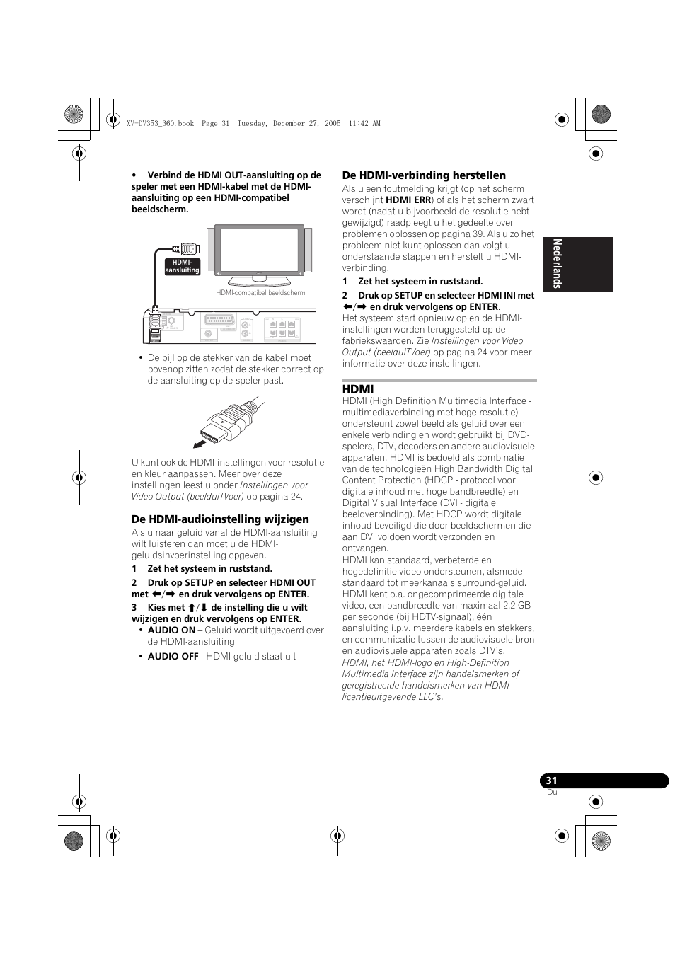 De hdmi-audioinstelling wijzigen, De hdmi-verbinding herstellen, Hdmi | Nederlands italiano español, Front center surround sub woofer | Pioneer DCS-360 User Manual | Page 31 / 128