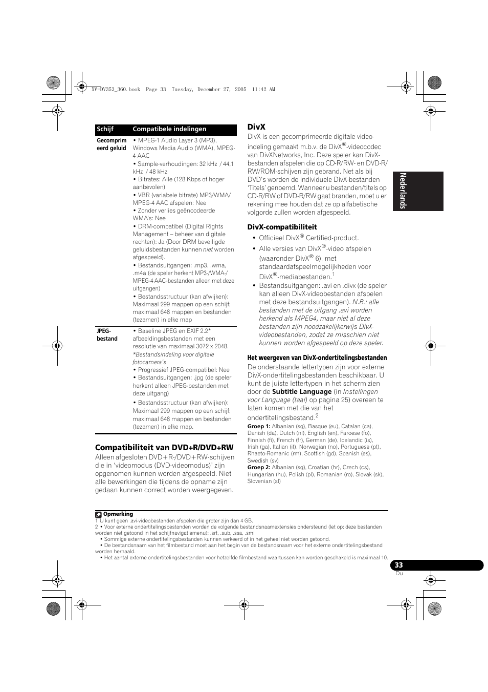 Compatibiliteit van dvd+r/dvd+rw, Divx, Nederlands italiano español | Pioneer DCS-360 User Manual | Page 33 / 128