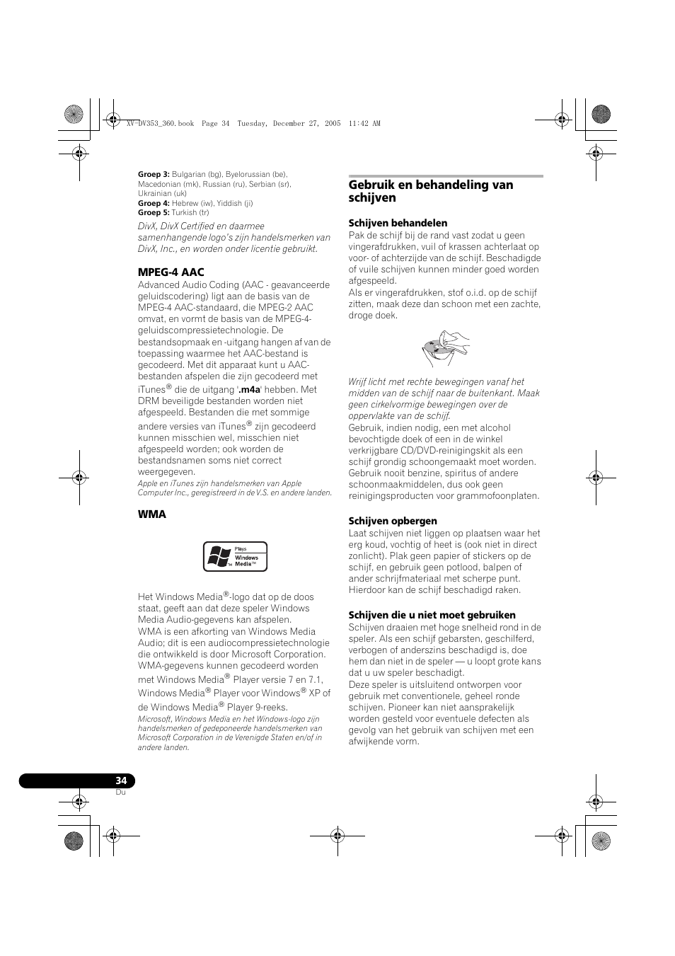 Mpeg-4 aac, Gebruik en behandeling van schijven | Pioneer DCS-360 User Manual | Page 34 / 128