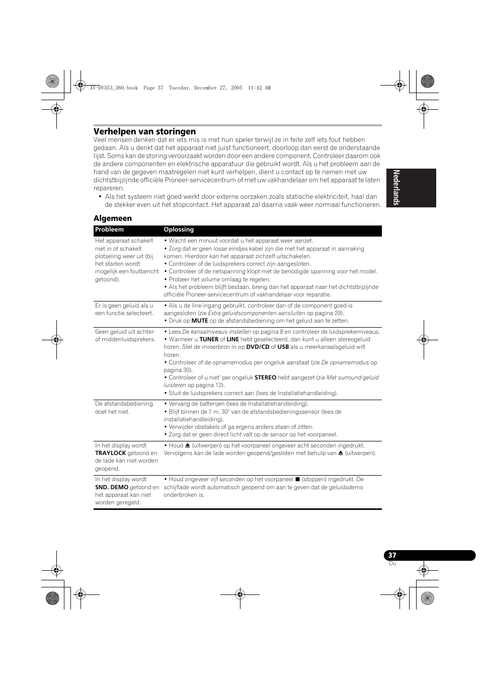 Verhelpen van storingen, Algemeen | Pioneer DCS-360 User Manual | Page 37 / 128