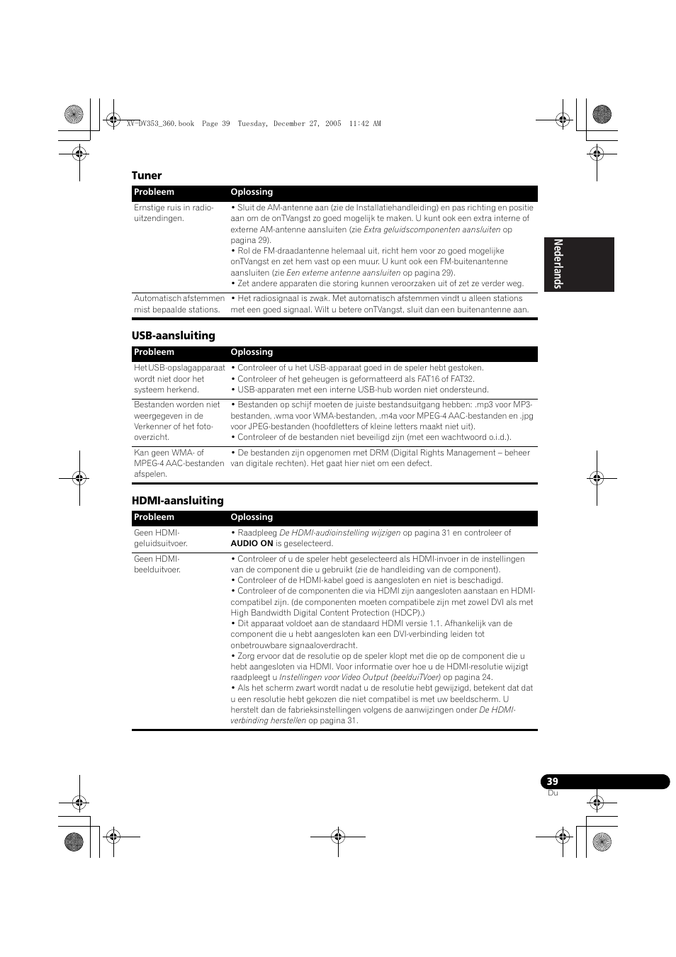Tuner, Usb-aansluiting, Hdmi-aansluiting | Pioneer DCS-360 User Manual | Page 39 / 128
