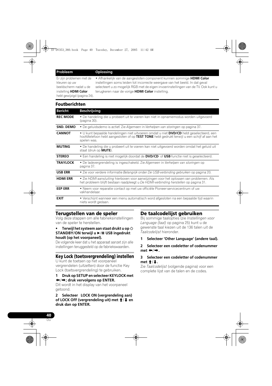 Foutberichten, Terugstellen van de speler, Key lock (toetsvergrendeling) instellen | De taalcodelijst gebruiken | Pioneer DCS-360 User Manual | Page 40 / 128