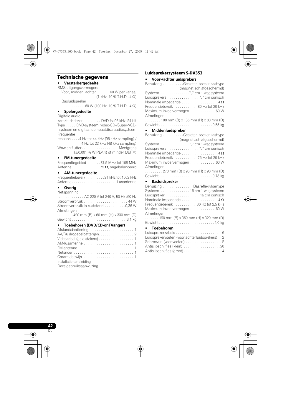 Technische gegevens | Pioneer DCS-360 User Manual | Page 42 / 128