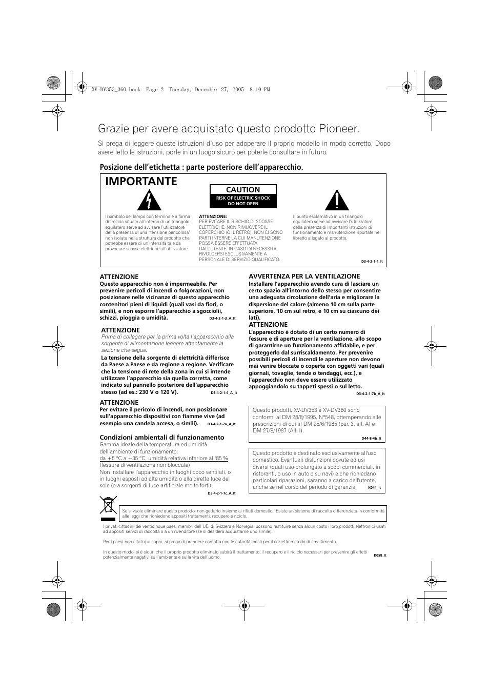 Importante, Caution | Pioneer DCS-360 User Manual | Page 44 / 128