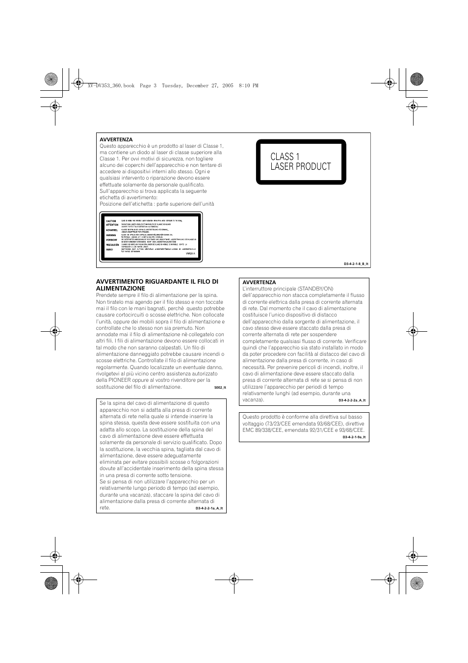 Class 1 laser product | Pioneer DCS-360 User Manual | Page 45 / 128