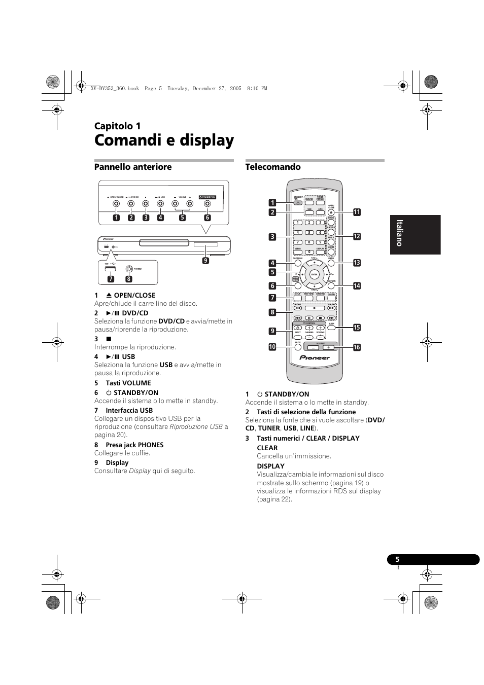 01 comandi e display, Pannello anteriore, Telecomando | Comandi e display, Capitolo 1, Nederlands italiano español | Pioneer DCS-360 User Manual | Page 47 / 128