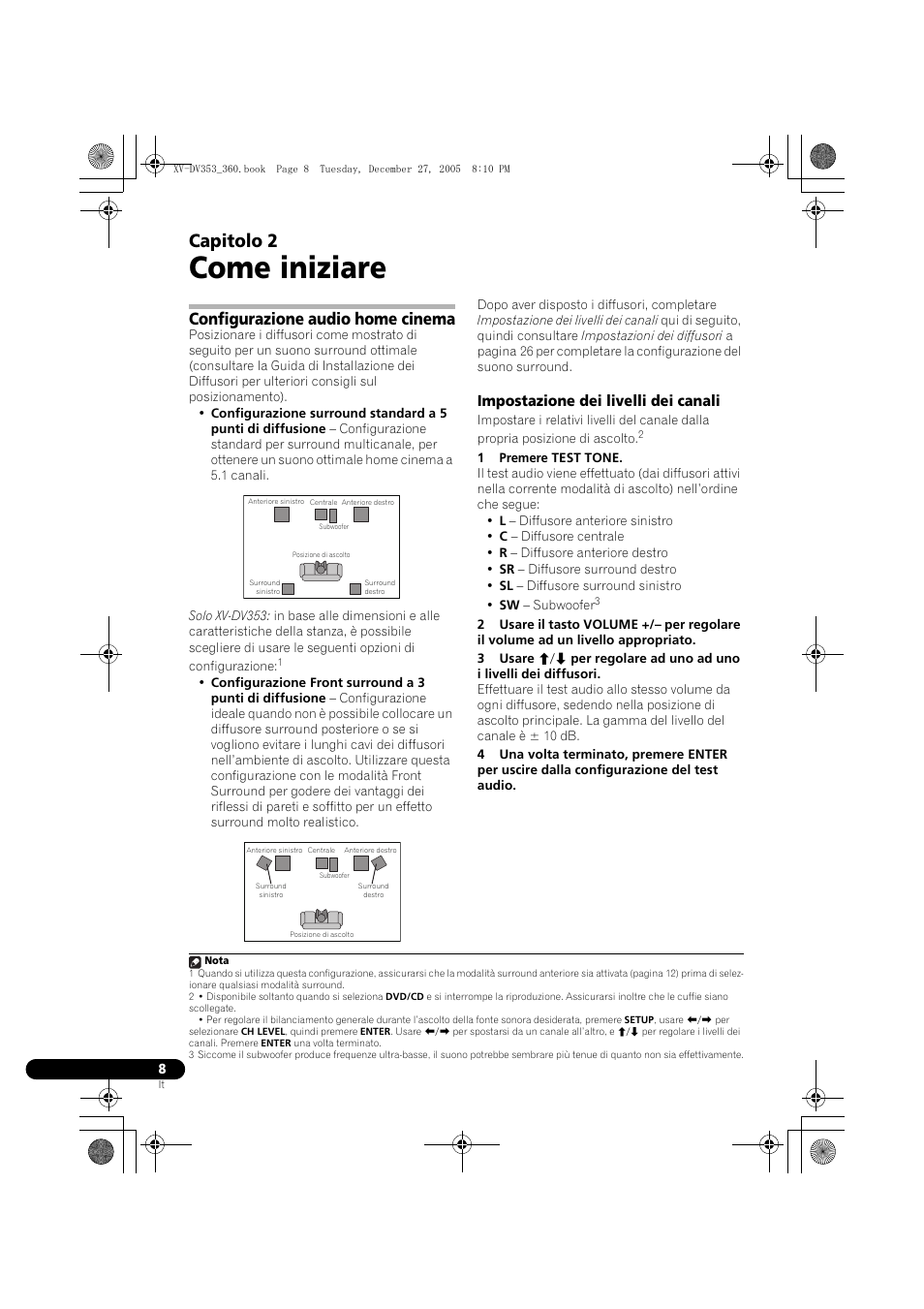 02 come iniziare, Configurazione audio home cinema, Impostazione dei livelli dei canali | Come iniziare, Capitolo 2 | Pioneer DCS-360 User Manual | Page 50 / 128