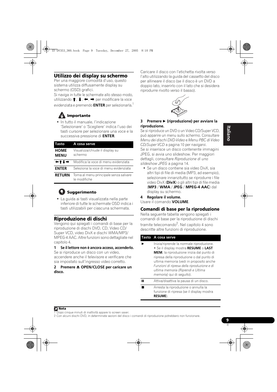 Utilizzo dei display su schermo, Riproduzione di dischi, Comandi di base per la riproduzione | Pioneer DCS-360 User Manual | Page 51 / 128