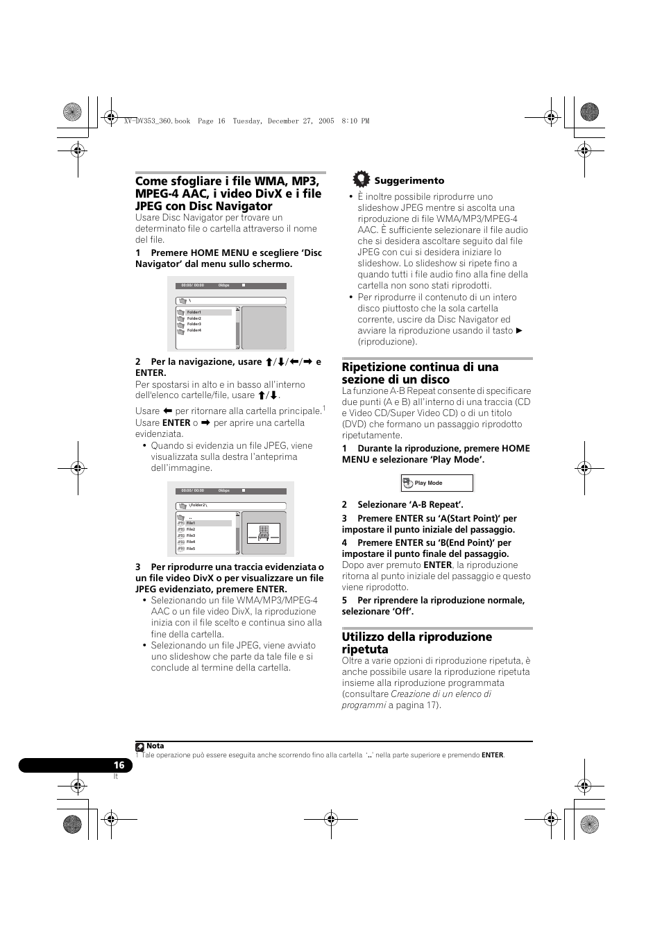 Ripetizione continua di una sezione di un disco, Utilizzo della riproduzione ripetuta | Pioneer DCS-360 User Manual | Page 58 / 128