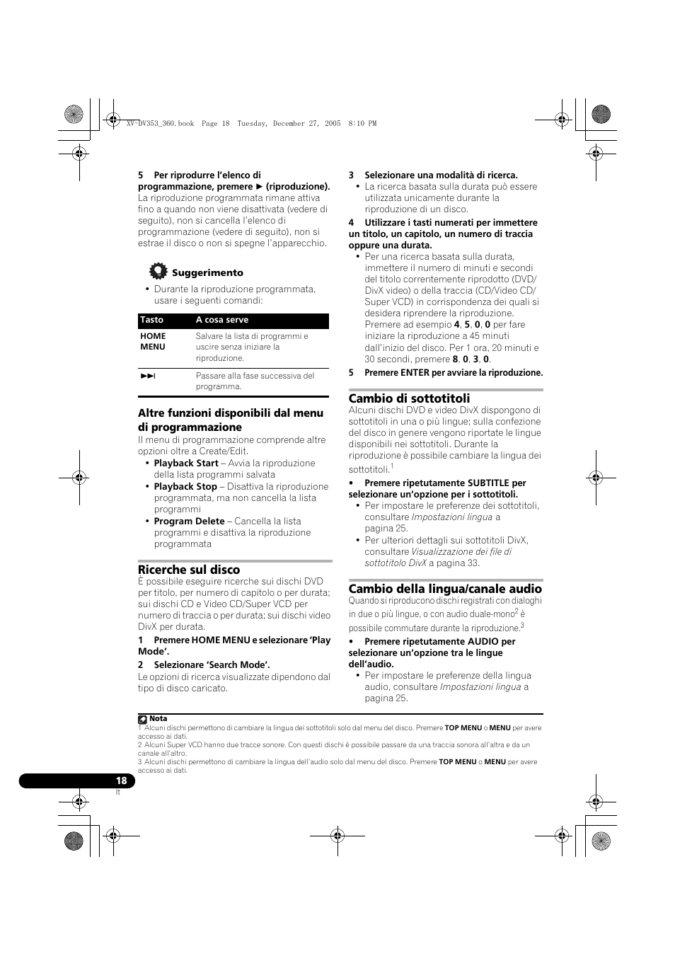 Ricerche sul disco, Cambio di sottotitoli, Cambio della lingua/canale audio | Pioneer DCS-360 User Manual | Page 60 / 128