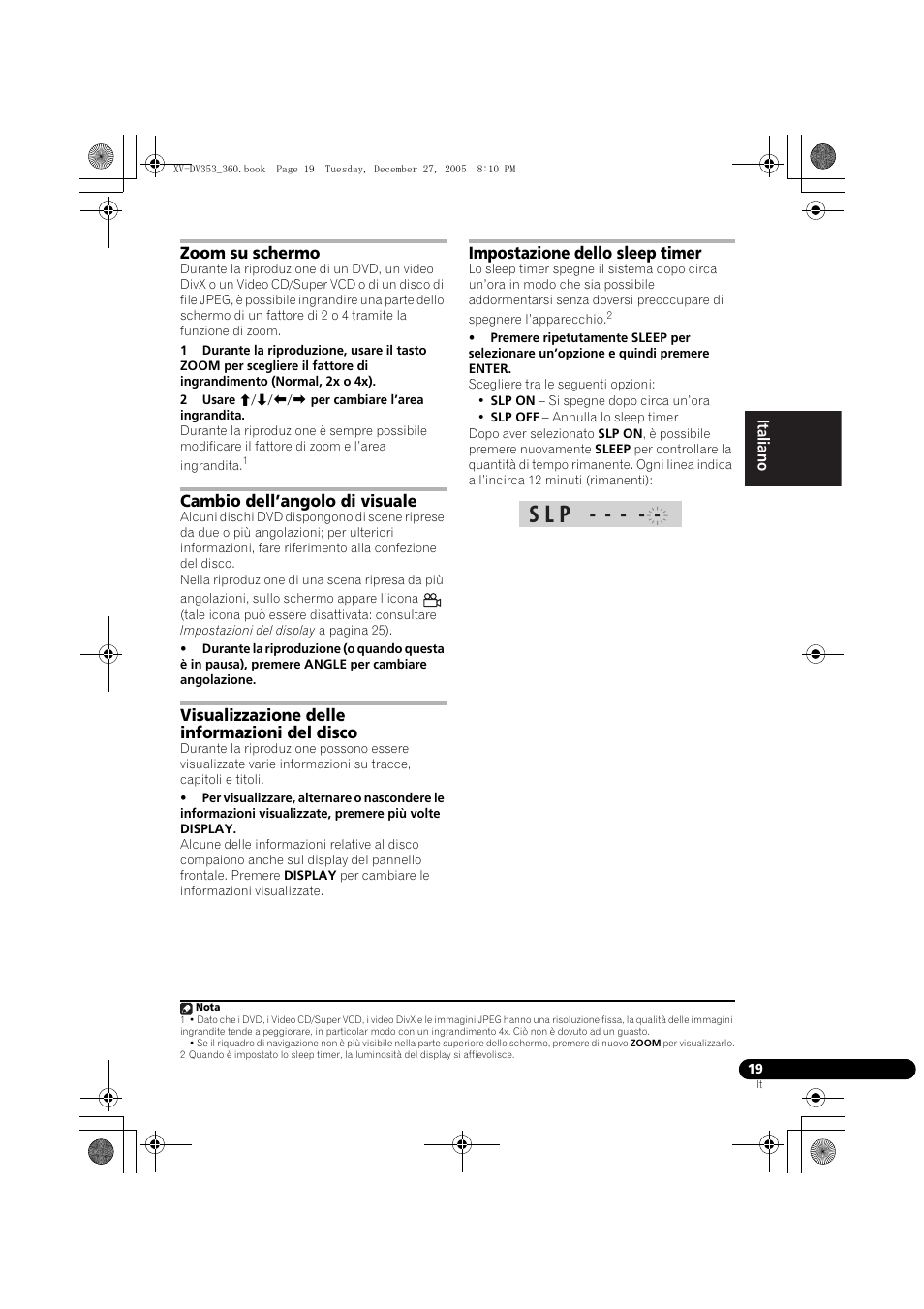 Zoom su schermo, Cambio dell’angolo di visuale, Visualizzazione delle informazioni del disco | Impostazione dello sleep timer, S l p | Pioneer DCS-360 User Manual | Page 61 / 128