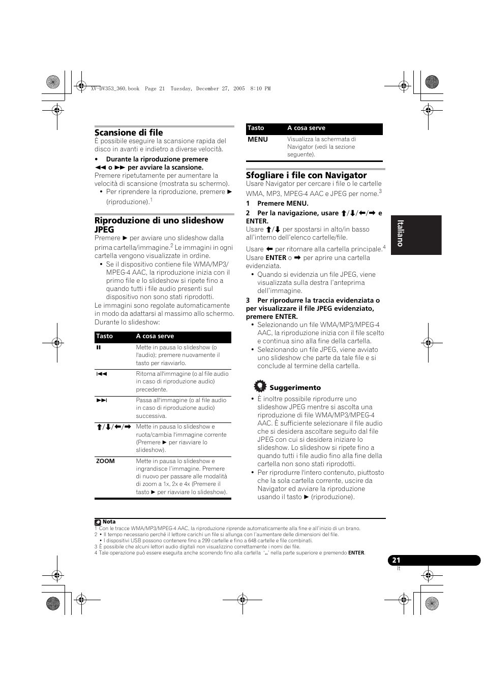 Scansione di file, Riproduzione di uno slideshow jpeg, Sfogliare i file con navigator | Pioneer DCS-360 User Manual | Page 63 / 128