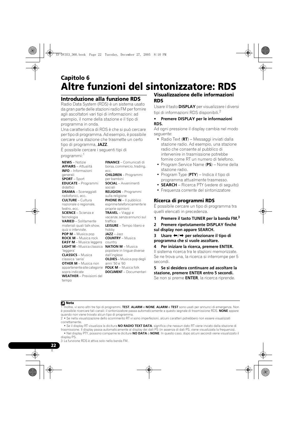 06 altre funzioni del sintonizzatore: rds, Introduzione alla funzione rds, Visualizzazione delle informazioni rds | Ricerca di programmi rds, Altre funzioni del sintonizzatore: rds, Capitolo 6 | Pioneer DCS-360 User Manual | Page 64 / 128