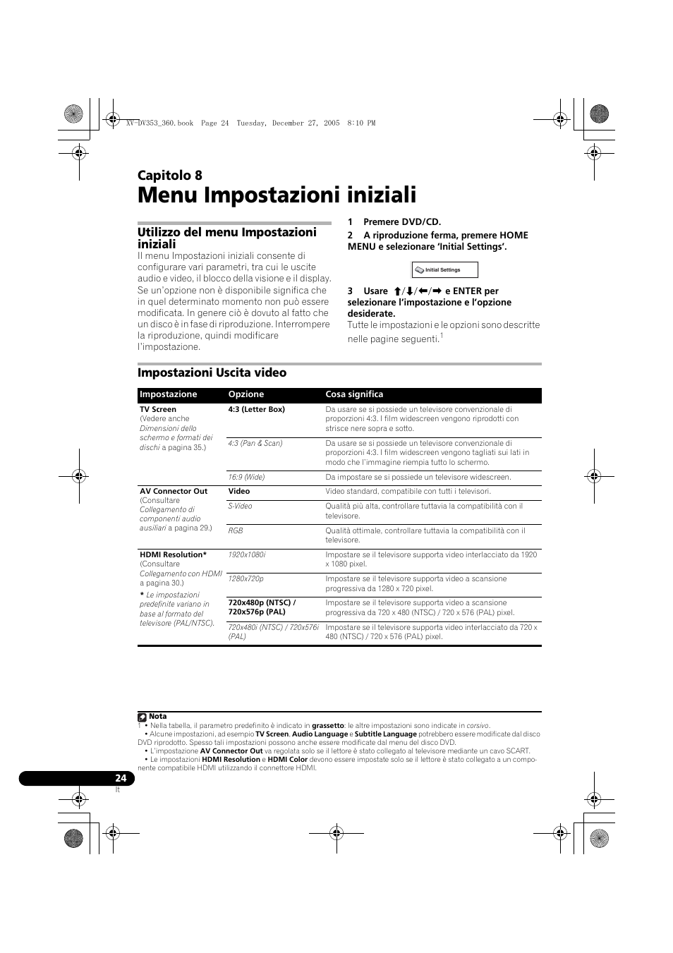 08 menu impostazioni iniziali, Utilizzo del menu impostazioni iniziali, Impostazioni uscita video | Menu impostazioni iniziali, Capitolo 8 | Pioneer DCS-360 User Manual | Page 66 / 128