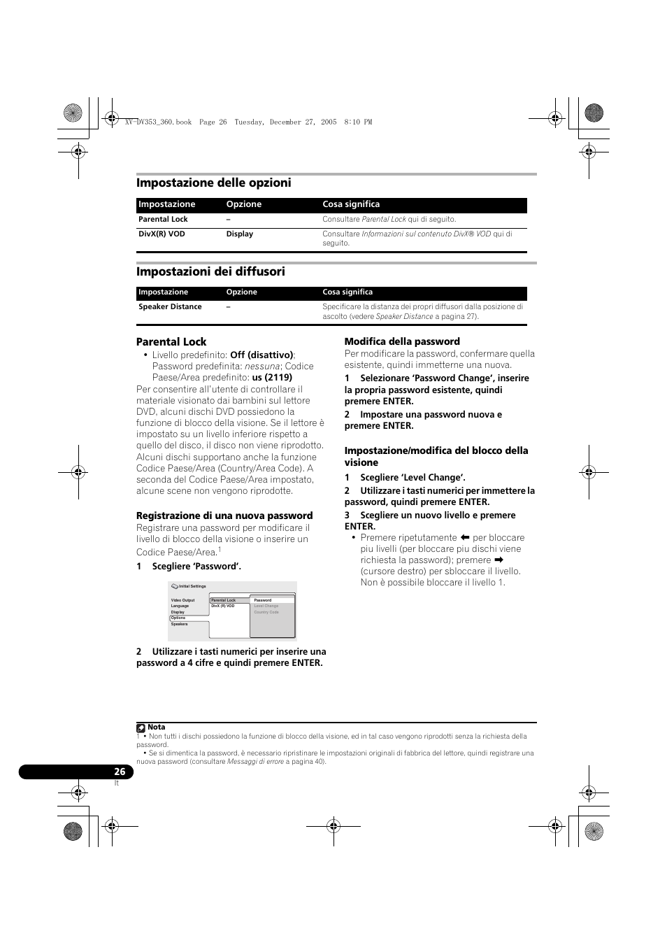 Impostazione delle opzioni, Impostazioni dei diffusori, Parental lock | Pioneer DCS-360 User Manual | Page 68 / 128