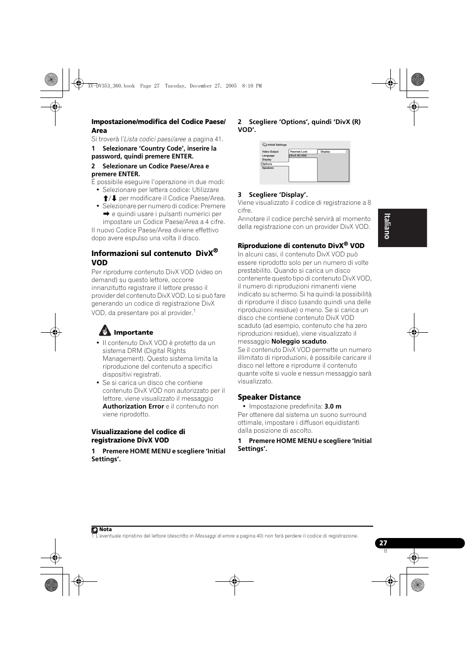 Informazioni sul contenuto divx® vod, Speaker distance, Nederlands italiano español | Pioneer DCS-360 User Manual | Page 69 / 128
