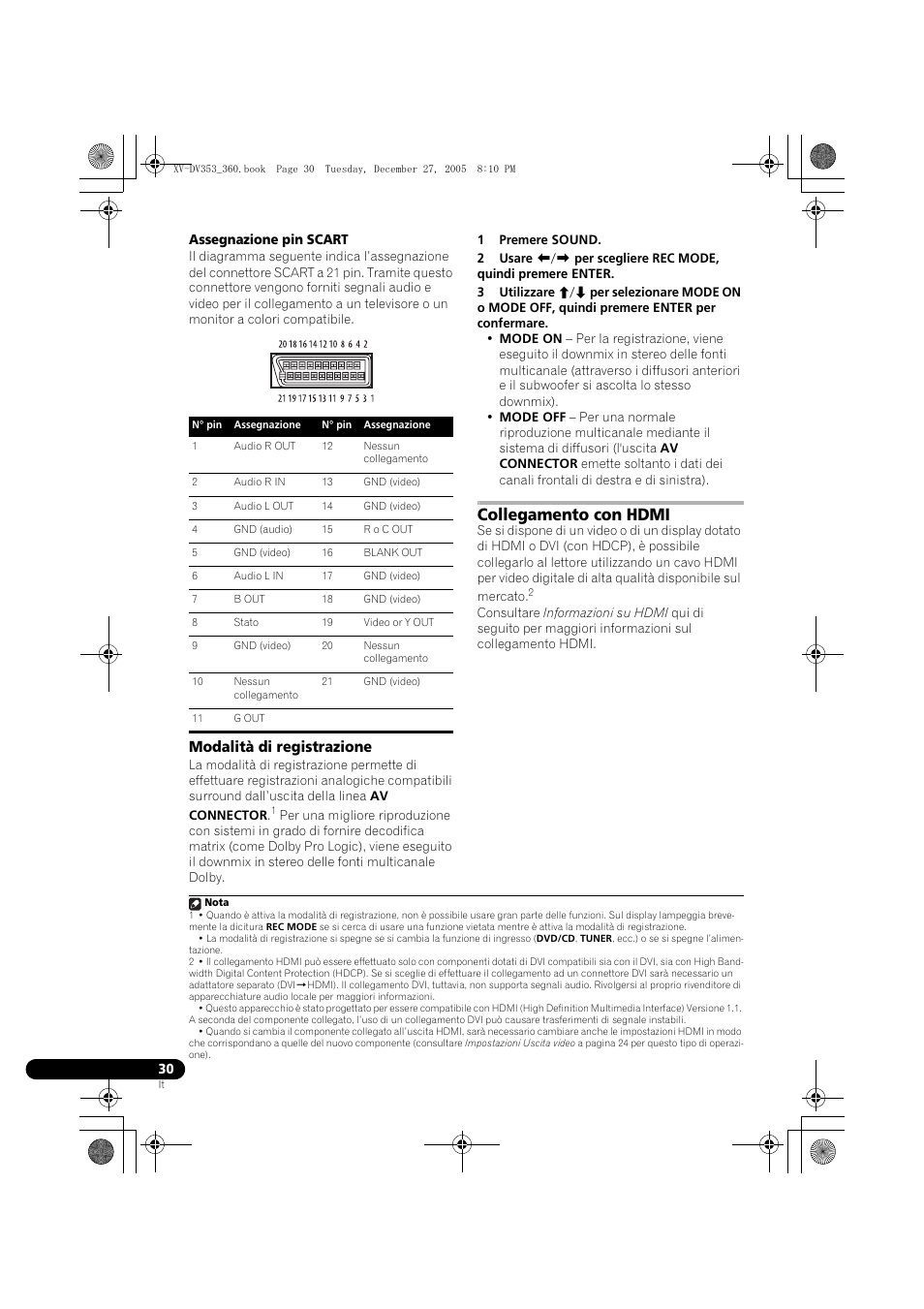 Modalità di registrazione, Collegamento con hdmi | Pioneer DCS-360 User Manual | Page 72 / 128