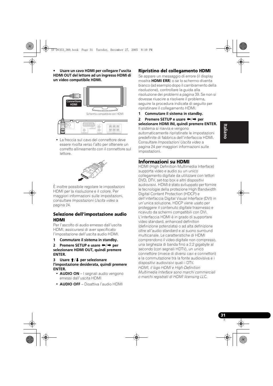 Selezione dell’impostazione audio hdmi, Ripristino del collegamento hdmi, Informazioni su hdmi | Nederlands italiano español, Front center surround sub woofer | Pioneer DCS-360 User Manual | Page 73 / 128