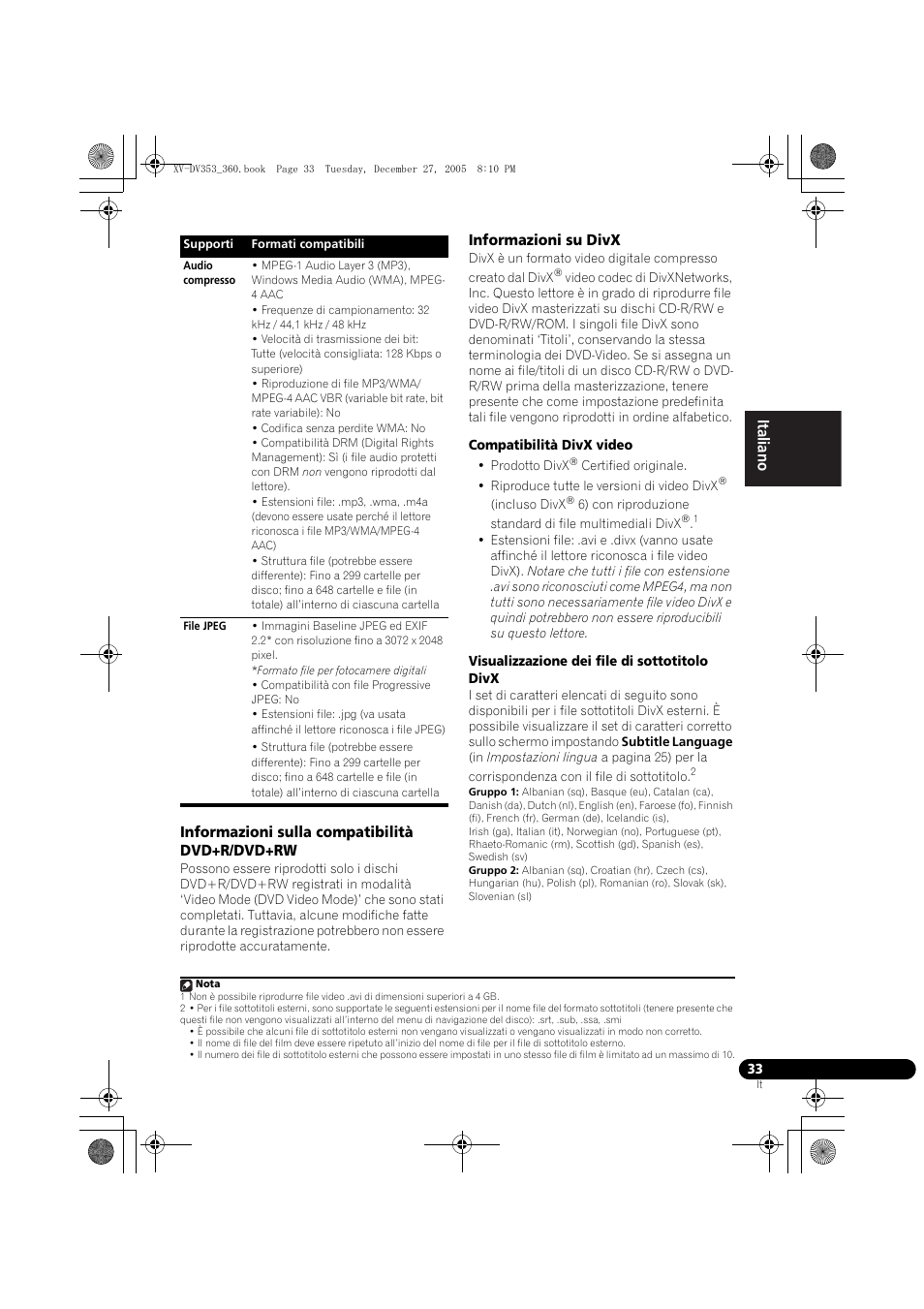 Informazioni sulla compatibilità dvd+r/ dvd+rw, Informazioni su divx, Nederlands italiano español | Pioneer DCS-360 User Manual | Page 75 / 128