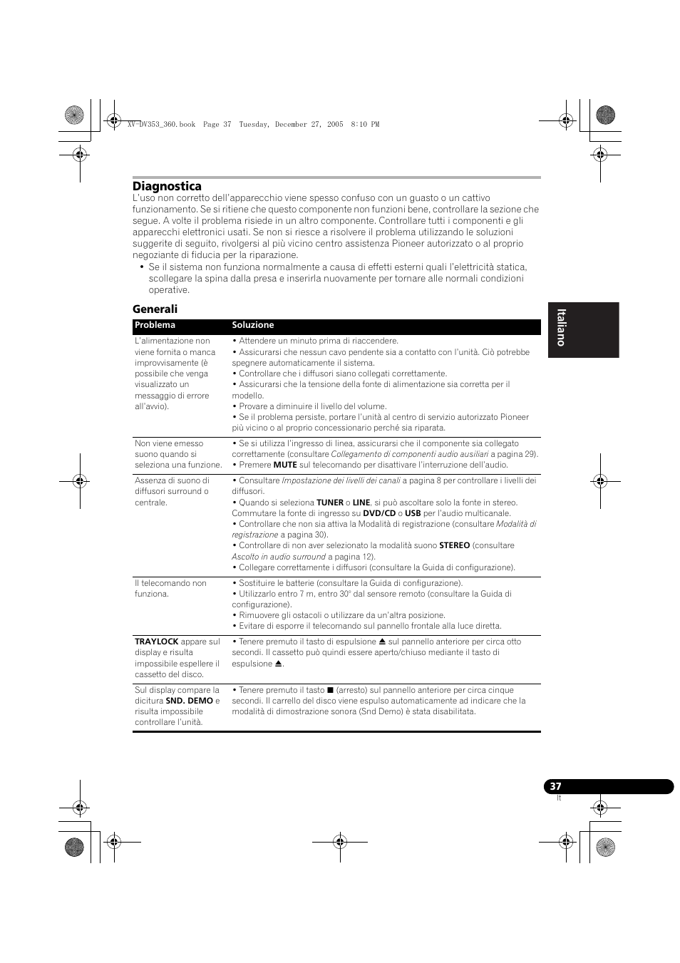 Diagnostica, Generali | Pioneer DCS-360 User Manual | Page 79 / 128