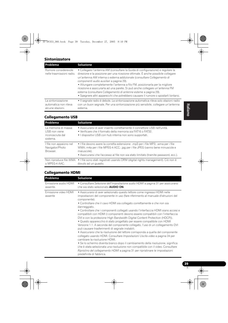 Sintonizzatore, Collegamento usb, Collegamento hdmi | Pioneer DCS-360 User Manual | Page 81 / 128