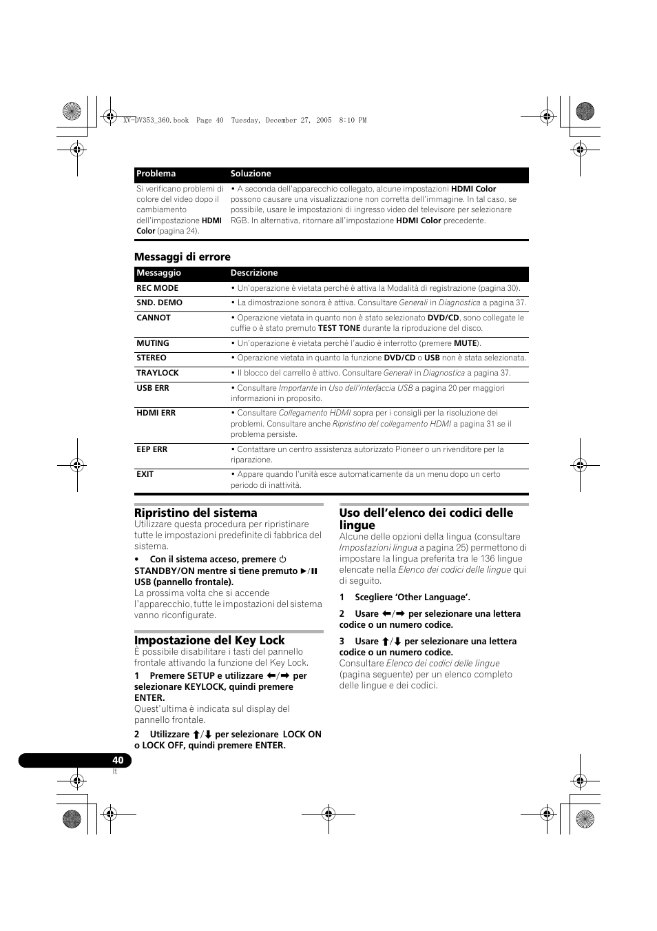 Messaggi di errore, Ripristino del sistema, Impostazione del key lock | Uso dell’elenco dei codici delle lingue | Pioneer DCS-360 User Manual | Page 82 / 128