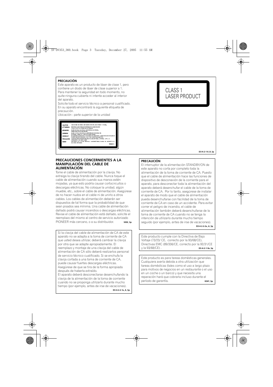 Class 1 laser product | Pioneer DCS-360 User Manual | Page 87 / 128