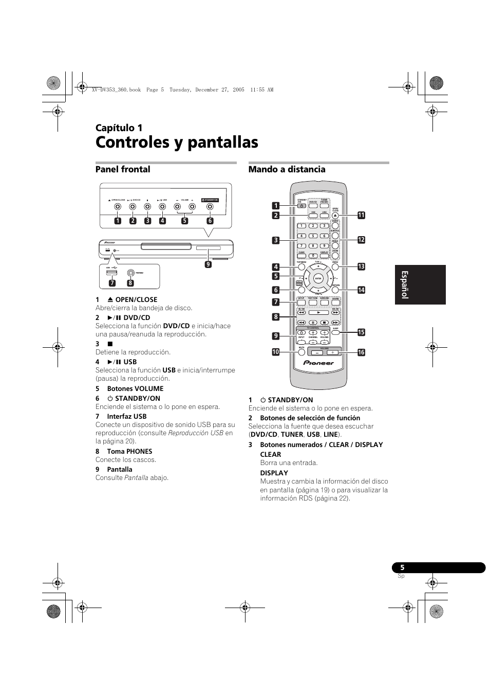 01 controles y pantallas, Panel frontal, Mando a distancia | Controles y pantallas, Capítulo 1, Nederlands italiano español | Pioneer DCS-360 User Manual | Page 89 / 128