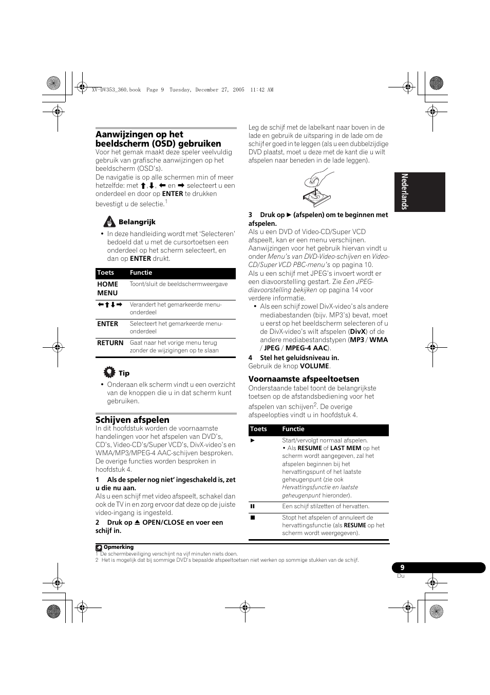 Aanwijzingen op het beeldscherm (osd) gebruiken, Schijven afspelen, Voornaamste afspeeltoetsen | Pioneer DCS-360 User Manual | Page 9 / 128