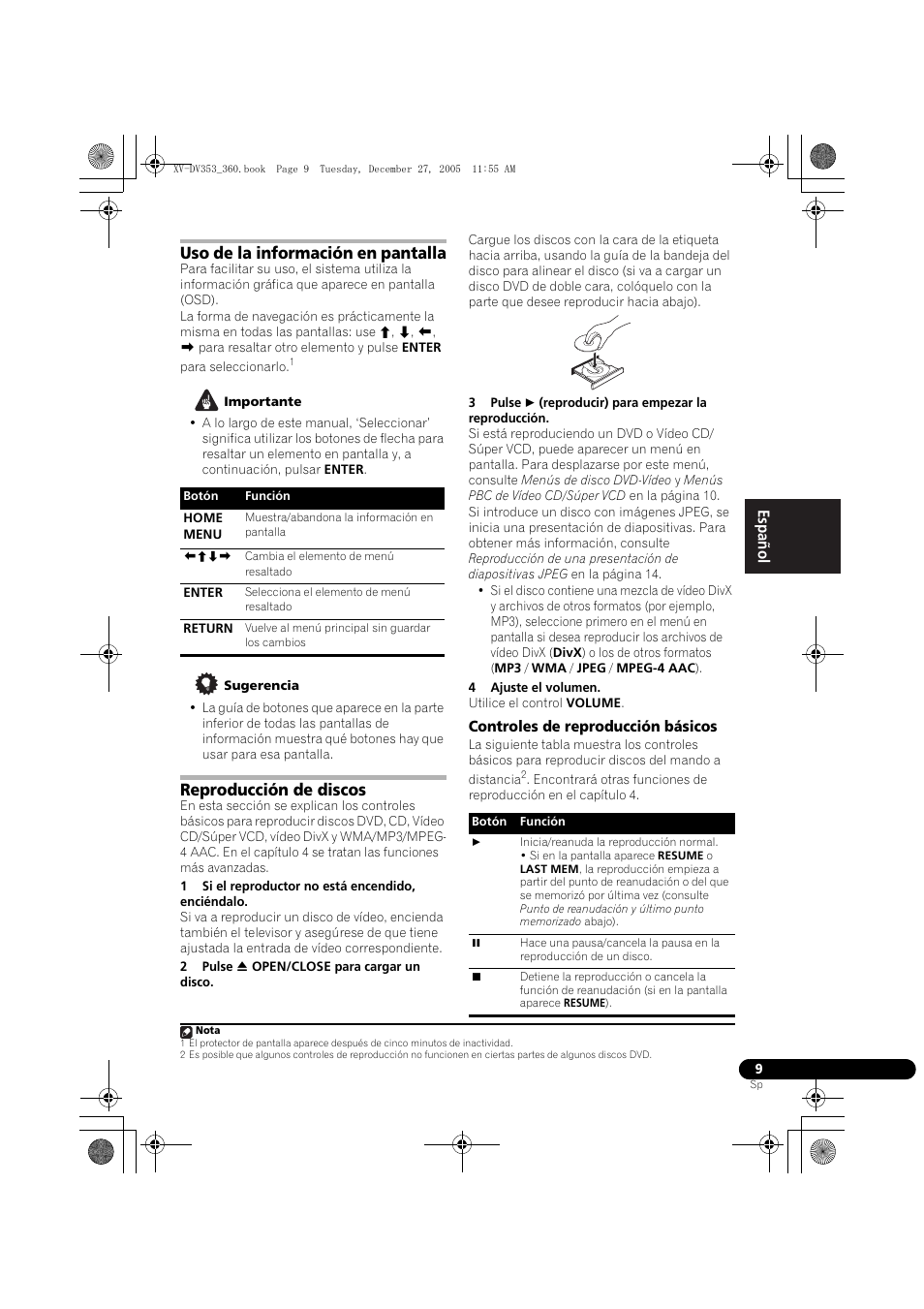 Uso de la información en pantalla, Reproducción de discos, Controles de reproducción básicos | Pioneer DCS-360 User Manual | Page 93 / 128