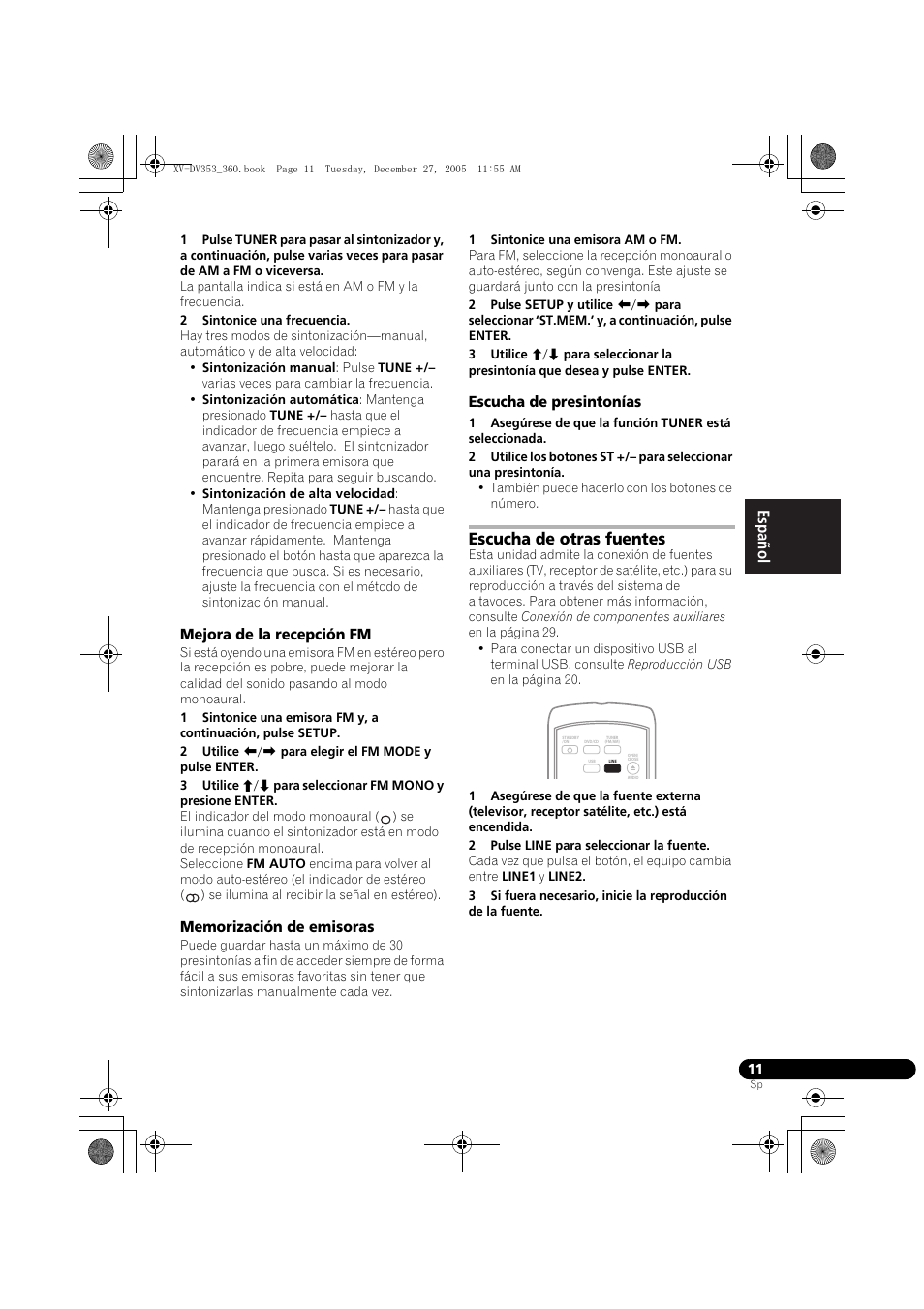 Mejora de la recepción fm, Memorización de emisoras, Escucha de presintonías | Escucha de otras fuentes, Nederlands italiano español | Pioneer DCS-360 User Manual | Page 95 / 128