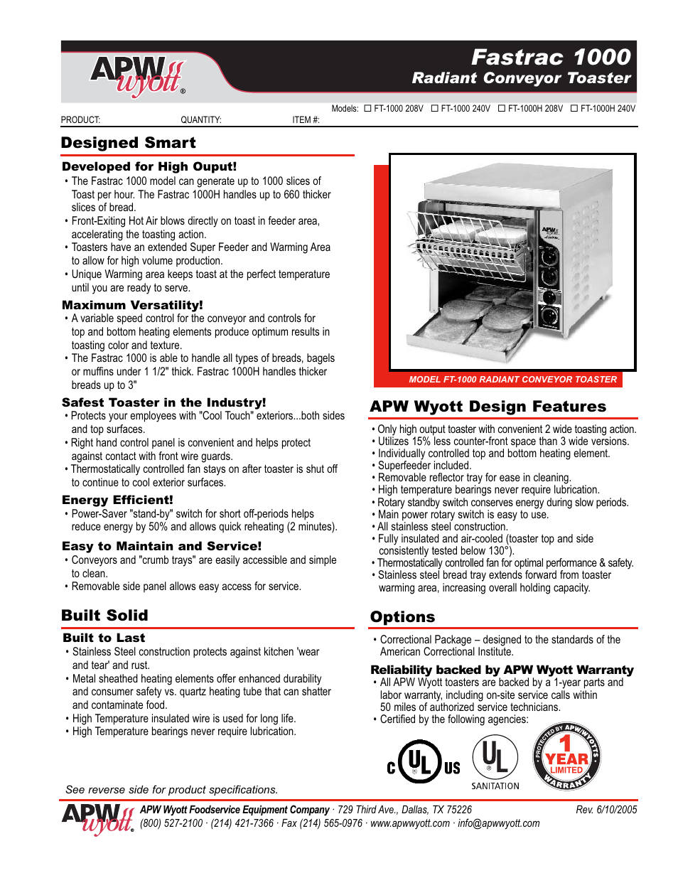 APW Wyott Fastrac 1000 User Manual | 2 pages