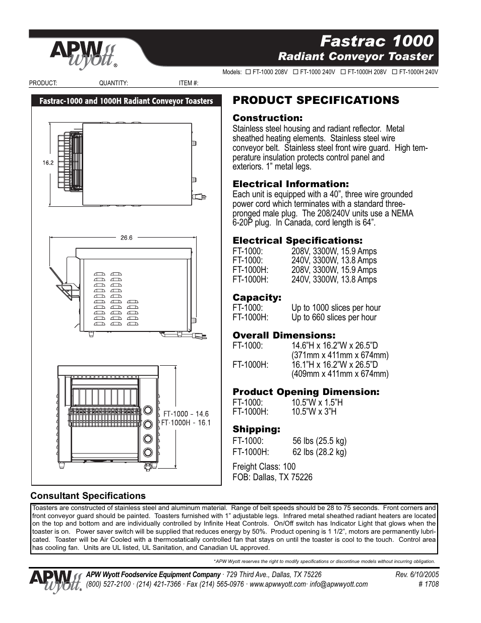 Fastrac 1000, Radiant conveyor toaster, Product specifications | APW Wyott Fastrac 1000 User Manual | Page 2 / 2