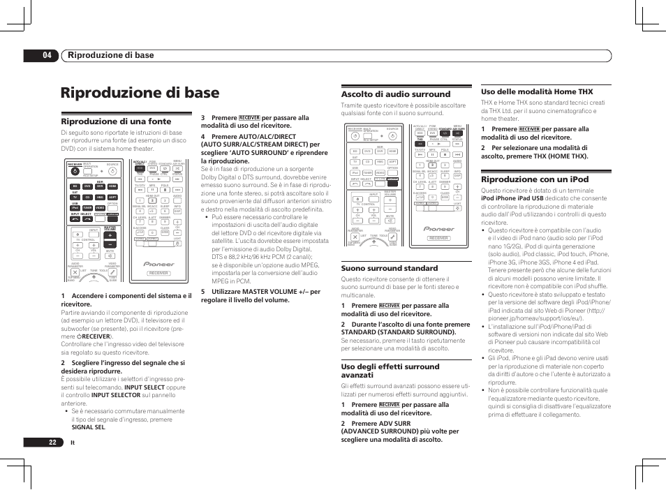 Riproduzione di base, 04 riproduzione di base, Ascolto di audio surround | Riproduzione con un ipod, Riproduzione di una fonte, Suono surround standard, Uso degli effetti surround avanzati, Uso delle modalità home thx | Pioneer VSX-2021 User Manual | Page 22 / 52