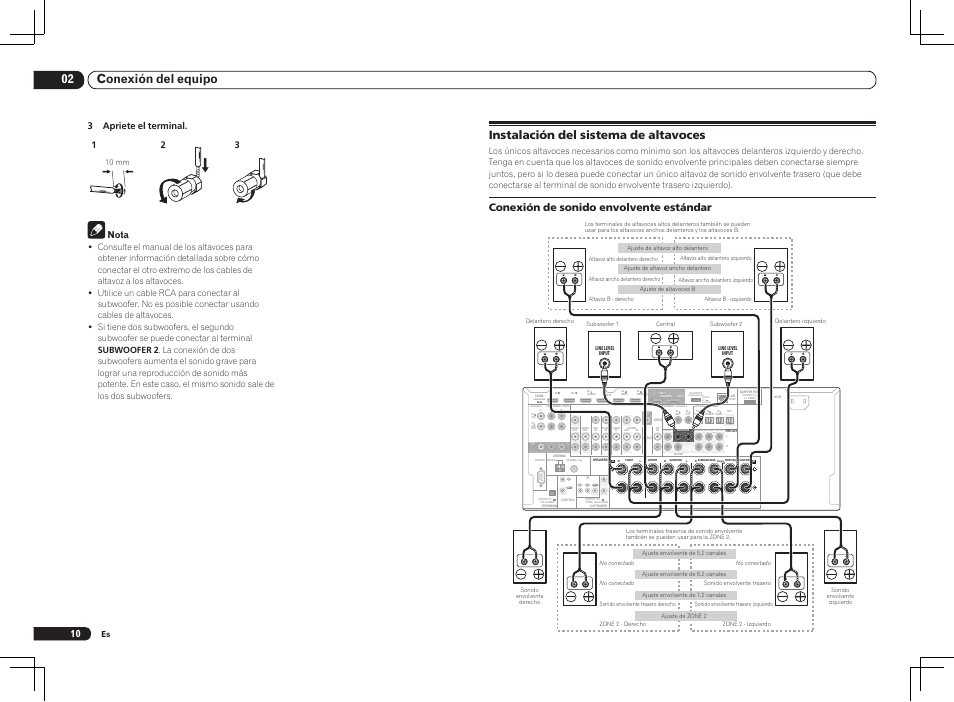 Instalación del sistema de altavoces, Single), 02 conexión del equipo | Conexión de sonido envolvente estándar, 3 apriete el terminal. 1 2 3, Nota, 10 mm | Pioneer VSX-2021 User Manual | Page 34 / 52