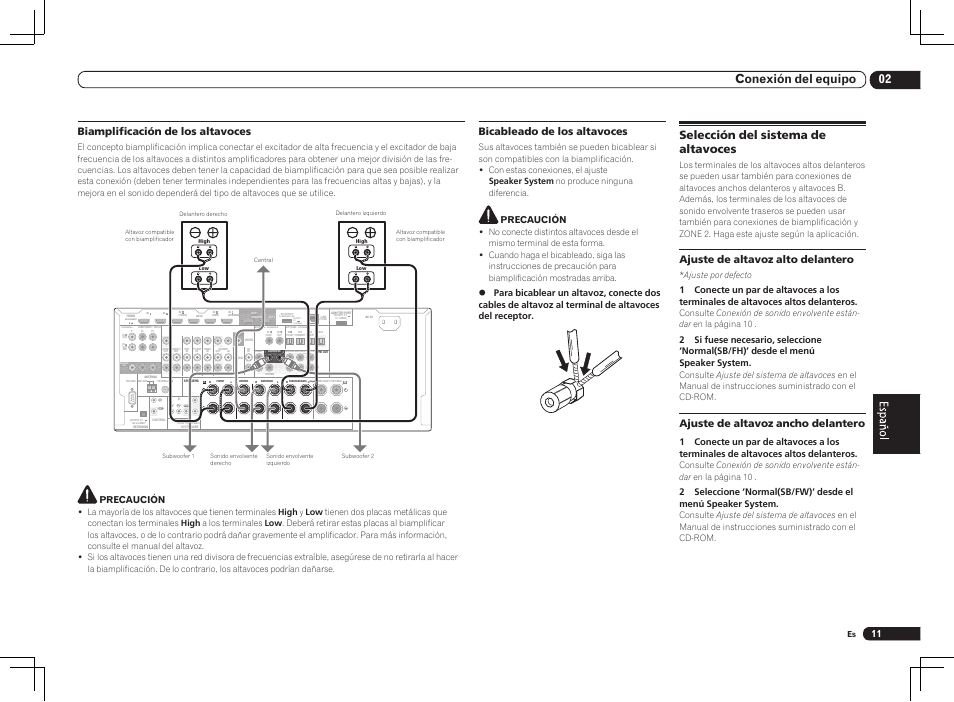 Selección del sistema de altavoces, Single), 02 conexión del equipo | Biamplificación de los altavoces, Bicableado de los altavoces, Ajuste de altavoz alto delantero, Ajuste de altavoz ancho delantero, Precaución, Ajuste por defecto | Pioneer VSX-2021 User Manual | Page 35 / 52