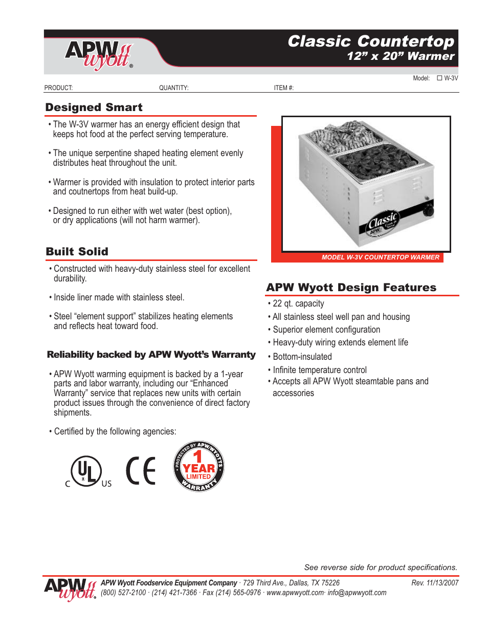 APW Wyott W-3V User Manual | 2 pages