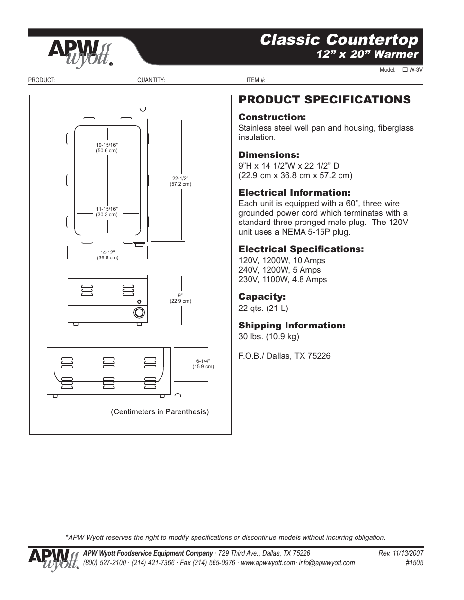 Classic countertop, Product specifications, 12” x 20” warmer | APW Wyott W-3V User Manual | Page 2 / 2