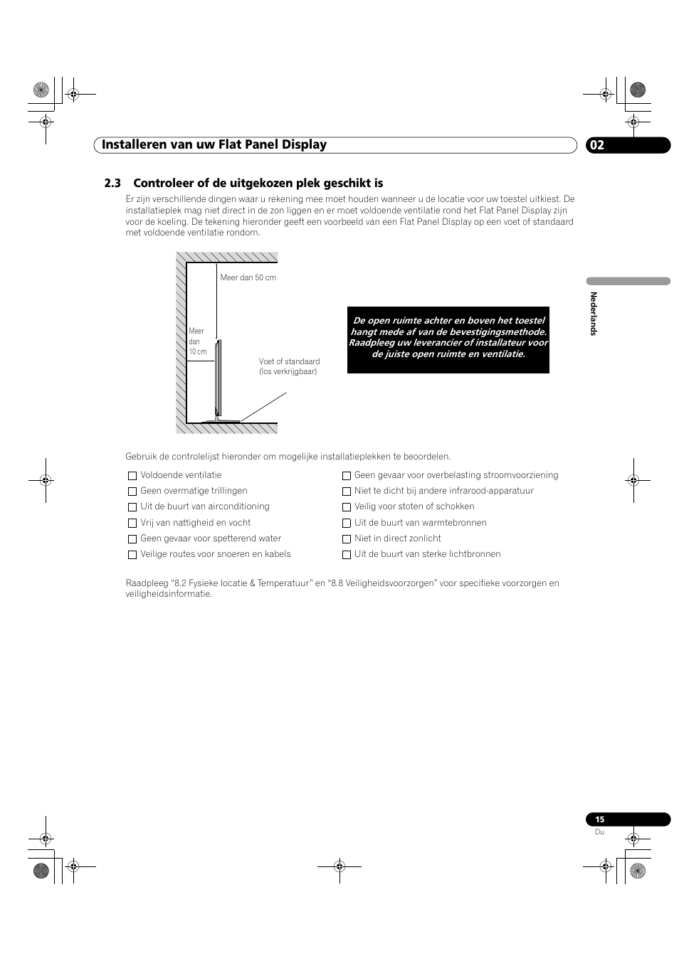3 controleer of de uitgekozen plek geschikt is, 02 installeren van uw flat panel display | Pioneer KRP-500M User Manual | Page 123 / 433