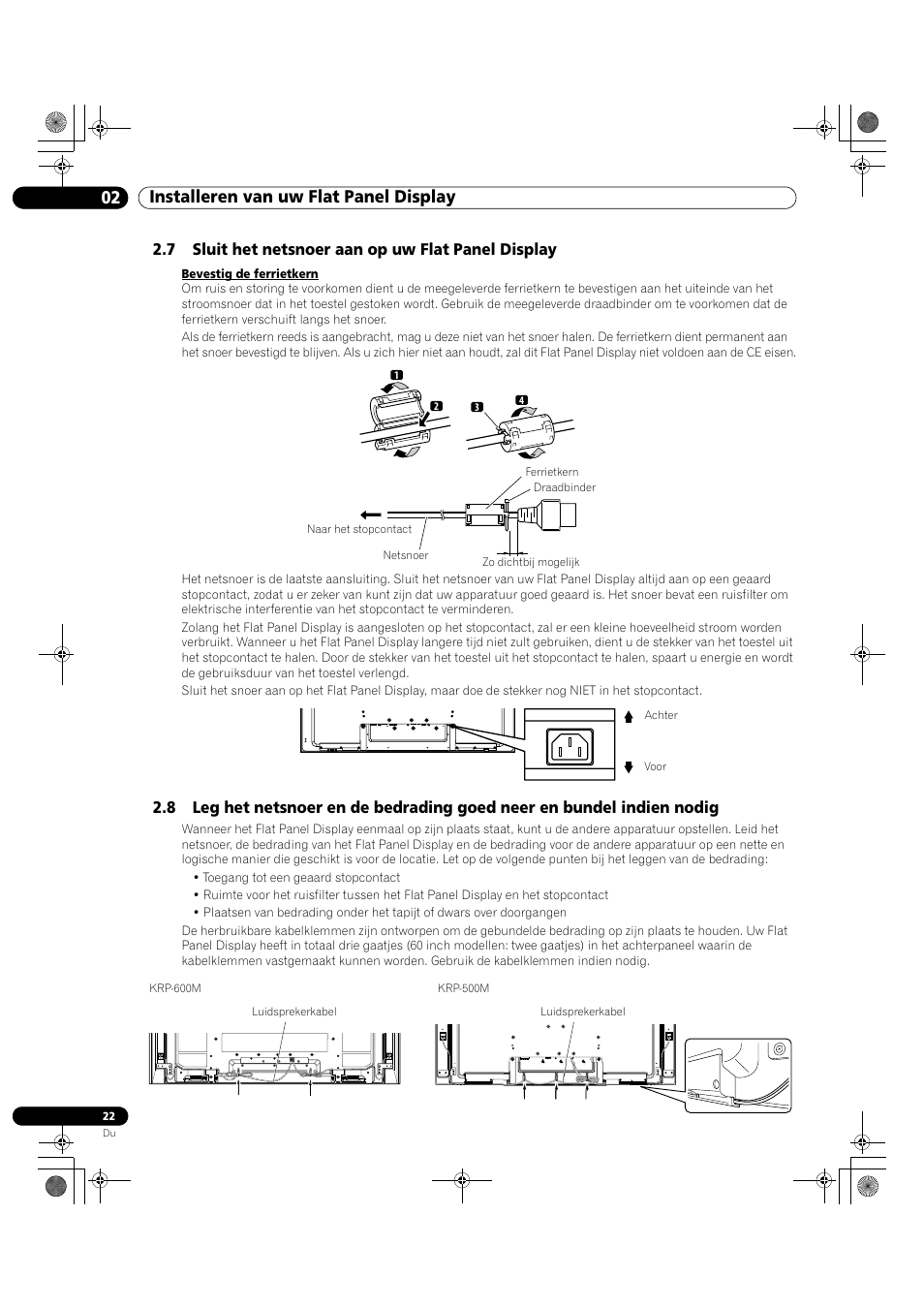 02 installeren van uw flat panel display, 7 sluit het netsnoer aan op uw flat panel display | Pioneer KRP-500M User Manual | Page 130 / 433