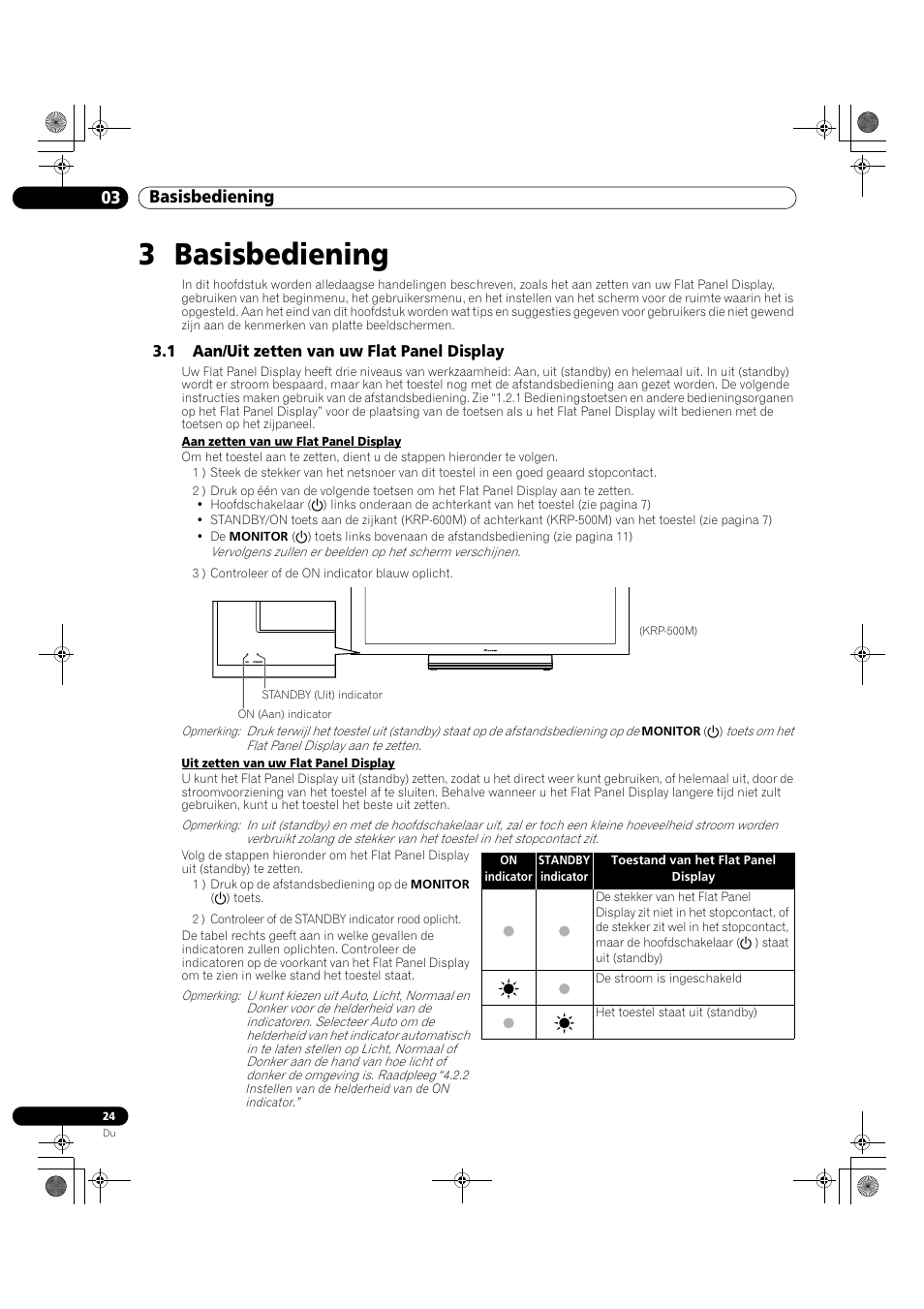 3 basisbediening, 1 aan/uit zetten van uw flat panel display, 03 basisbediening | Pioneer KRP-500M User Manual | Page 132 / 433