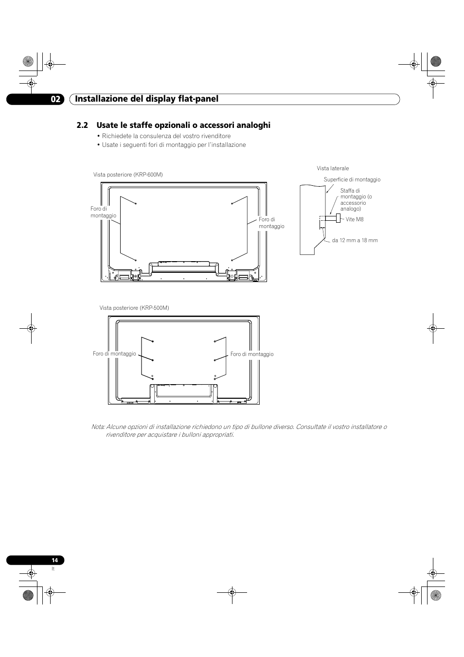 2 usate le staffe opzionali o accessori analoghi, 02 installazione del display flat-panel | Pioneer KRP-500M User Manual | Page 14 / 433