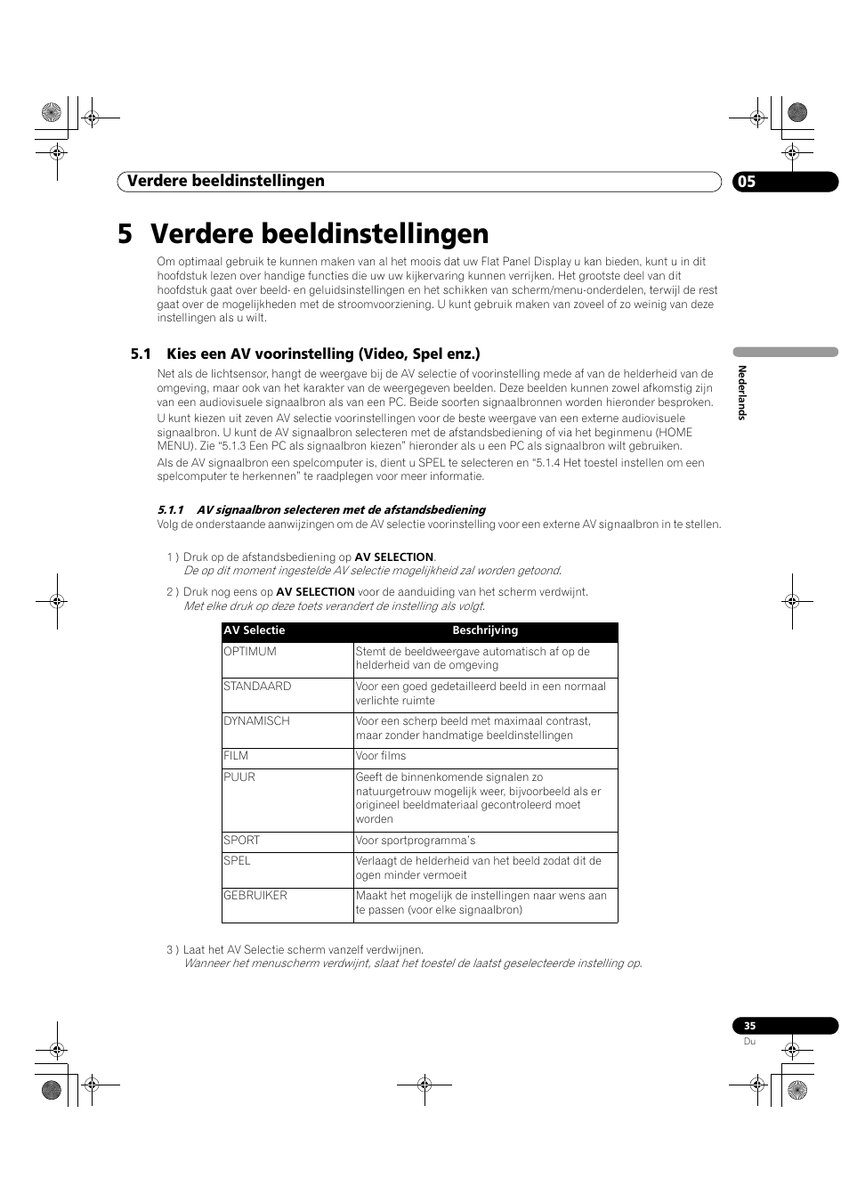 5 verdere beeldinstellingen, 1 kies een av voorinstelling (video, spel enz.), 05 verdere beeldinstellingen | Pioneer KRP-500M User Manual | Page 143 / 433