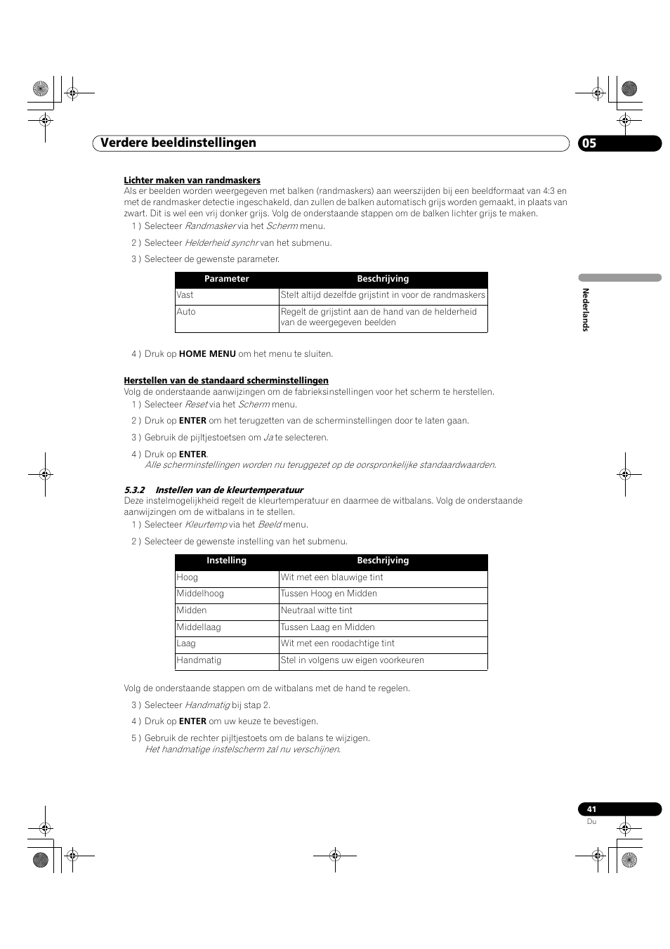 2 instellen van de kleurtemperatuur, 05 verdere beeldinstellingen | Pioneer KRP-500M User Manual | Page 149 / 433