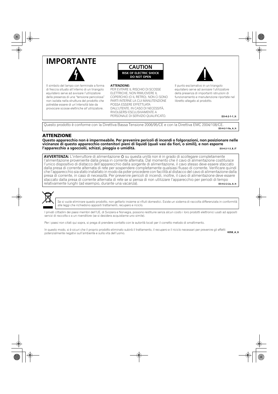 Importante, Caution, Attenzione | Pioneer KRP-500M User Manual | Page 2 / 433